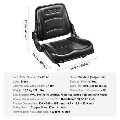 Universal Forklift Seat, Fold Down Tractor Seat with Adjustable Back Angle and Micro Switch, 6.3-13.4 Inch Extended Track Comfortable Forklift Seat for Tractor Loader Excavator