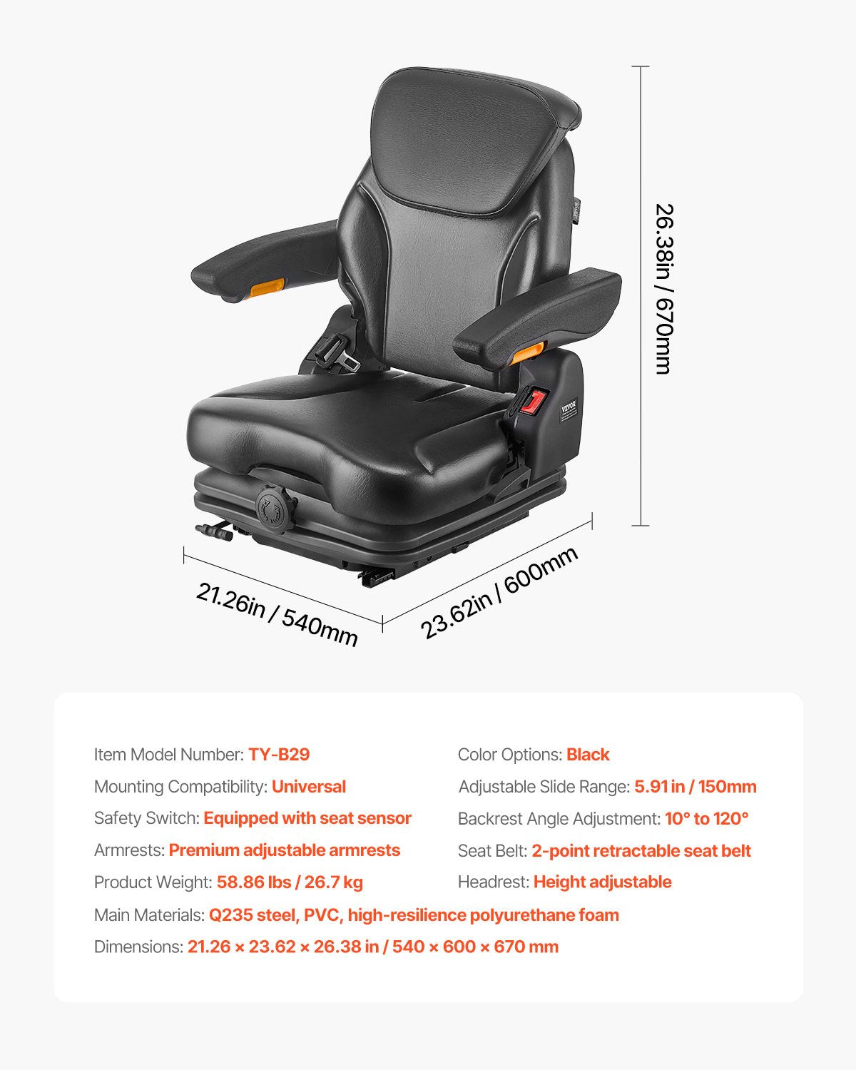 Forklift seat Folding tractor suspension seat Adjustable back and headrest