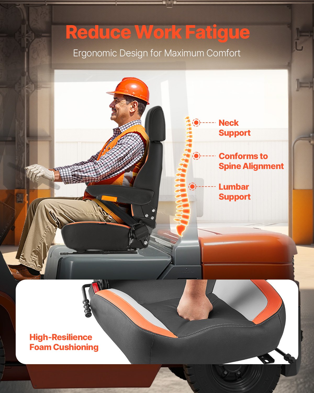 Forklift Seat Mower Tractor Seat Adjustable Back Seat Belt &amp; Headrest