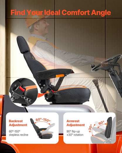 Forklift Seat Mower Tractor Seat Adjustable Back Seat Belt &amp; Headrest