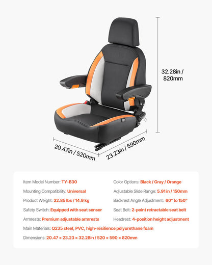 Forklift Seat Mower Tractor Seat Adjustable Back Seat Belt &amp; Headrest