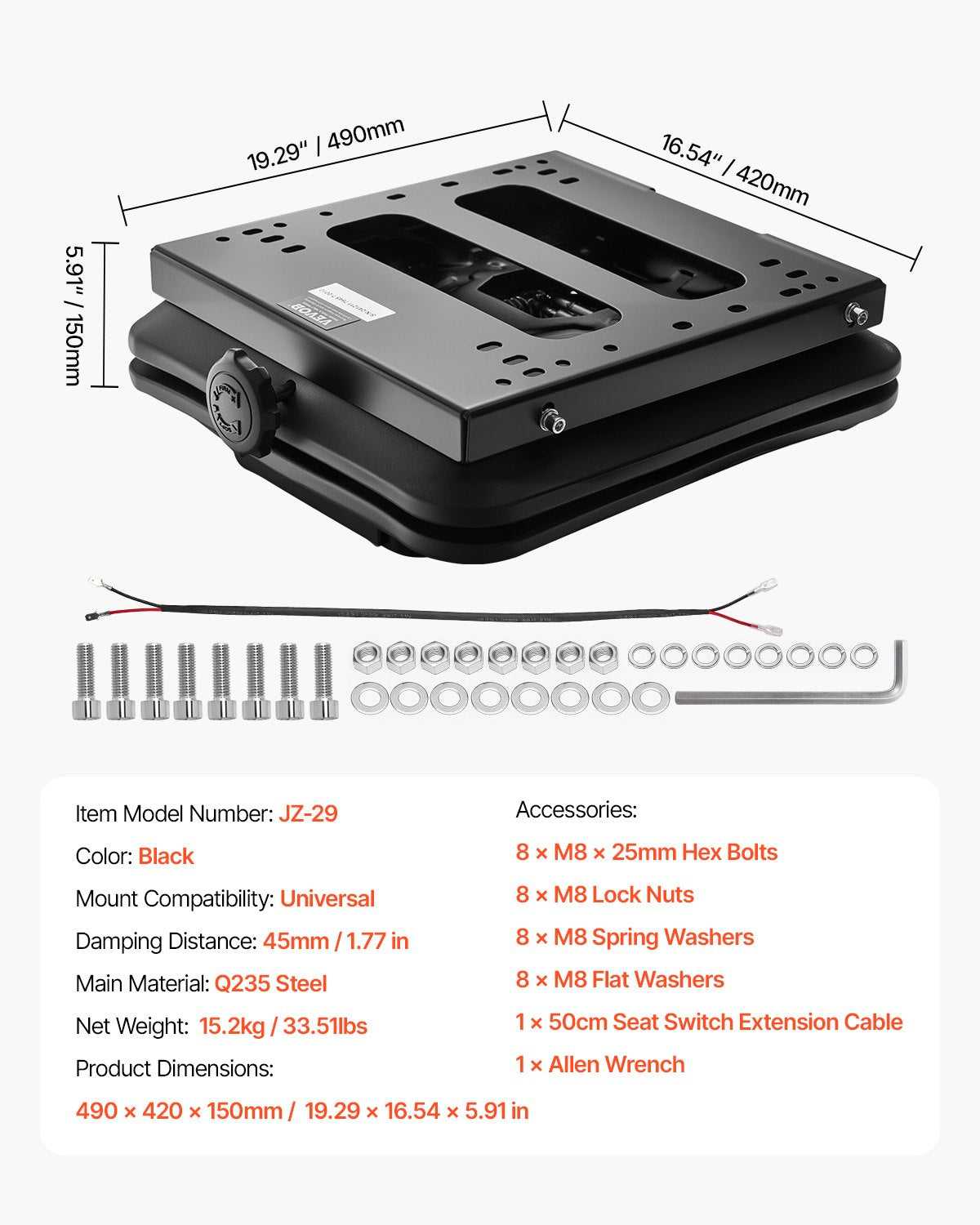 Seat suspension kit without slide track fits lawn mowers with forklift