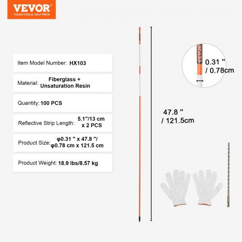 Driveway Markers, 100PCS 48 Inch, 0.31 Inch Diameter, Orange Fiberglass Poles Snow Pegs with Reflective Tape, 12" Steel Drill Bit and Protective Gloves for Parking Lots, Walkways Easy Visibility | EU