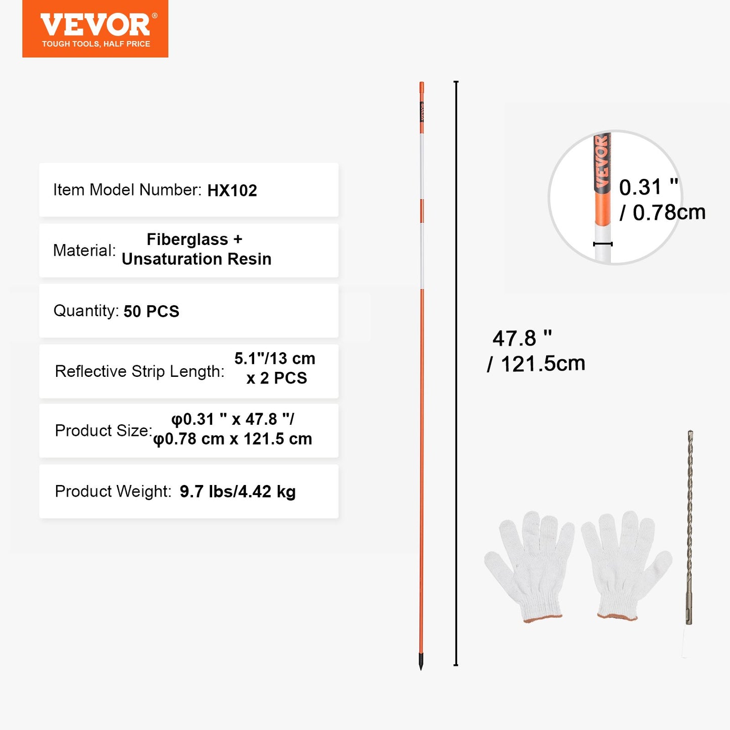 Driveway Markers, 50 PCS 48 Inch, 0.31 Inch Diameter, Orange Fiberglass Poles Snow Pegs with Reflective Tape, 12" Steel Drill Bit and Protective Gloves for Parking Lots, Walkways Easy Visibility
