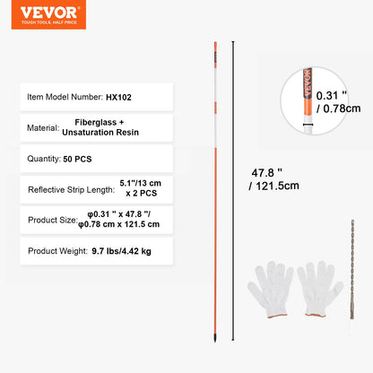Driveway Markers, 50 PCS 48 Inch, 0.31 Inch Diameter, Orange Fiberglass Poles Snow Pegs with Reflective Tape, 12" Steel Drill Bit and Protective Gloves for Parking Lots, Walkways Easy Visibility
