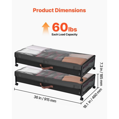Förvaring under sängen med hjul 36x18,1x7,3 i rullande förvaringspåsar, 2-pack