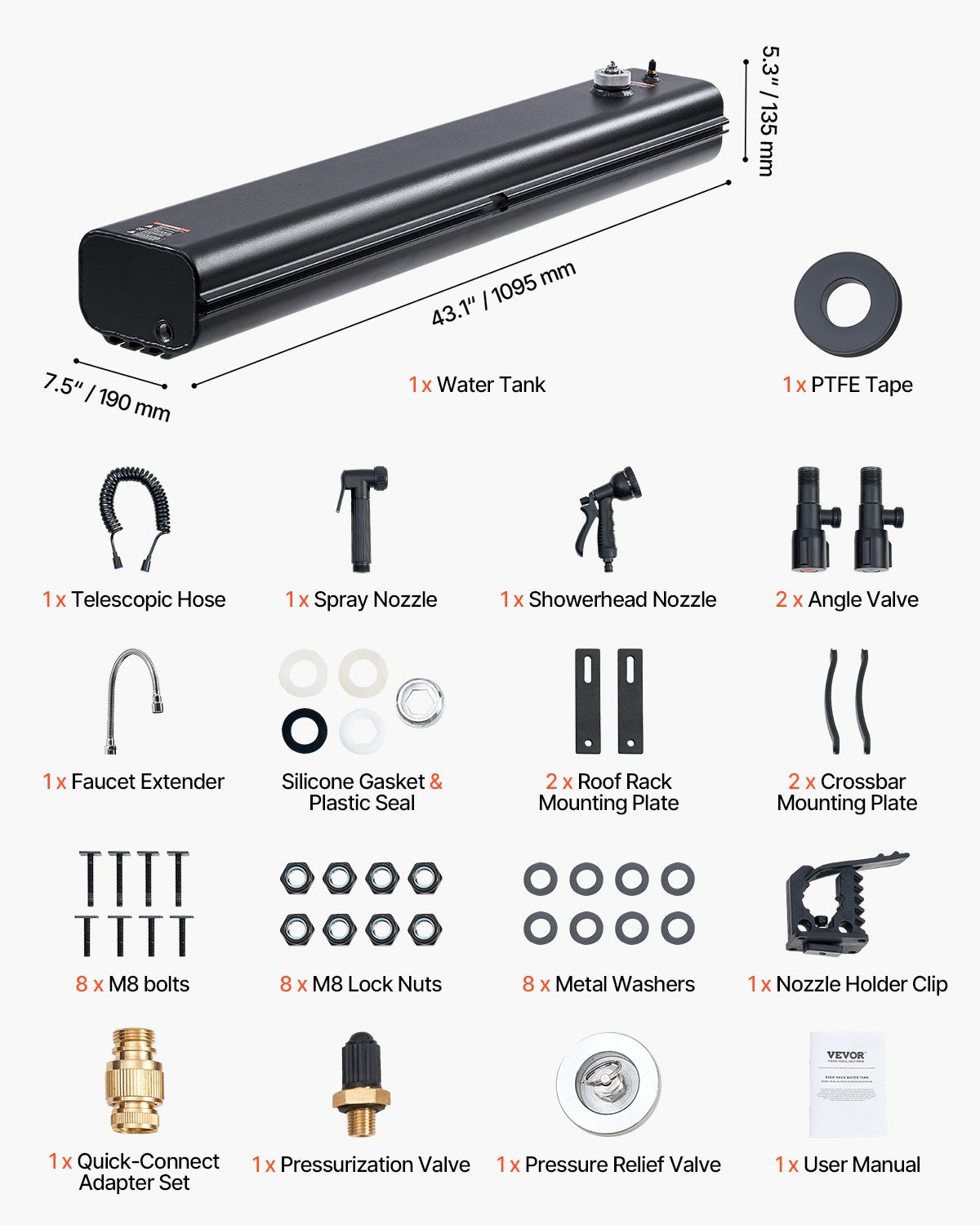 4.5 Gal Roof Rack Water Tank Portable Water Tank with Splash Guard Panel