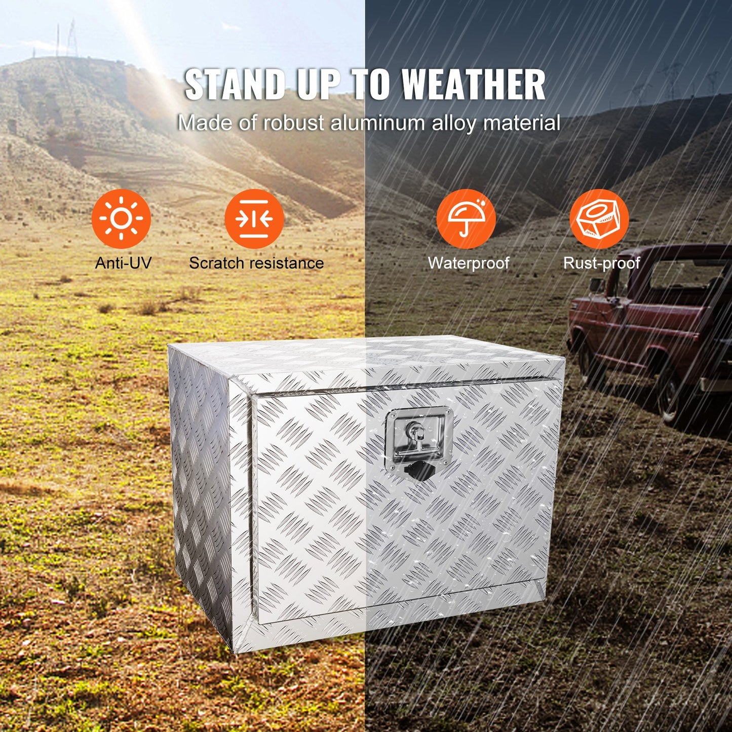Unterwagen-LKW-Box, 24" x 14" x 16" Pickup-Aufbewahrungsbox, robuster Werkzeugkasten aus Aluminium mit Diamantplatte und Schloss und Schlüssel, wasserdichte Anhänger-Aufbewahrungsbox mit T-Griff-Verriegelung für LKW, Transporter, Anhänger