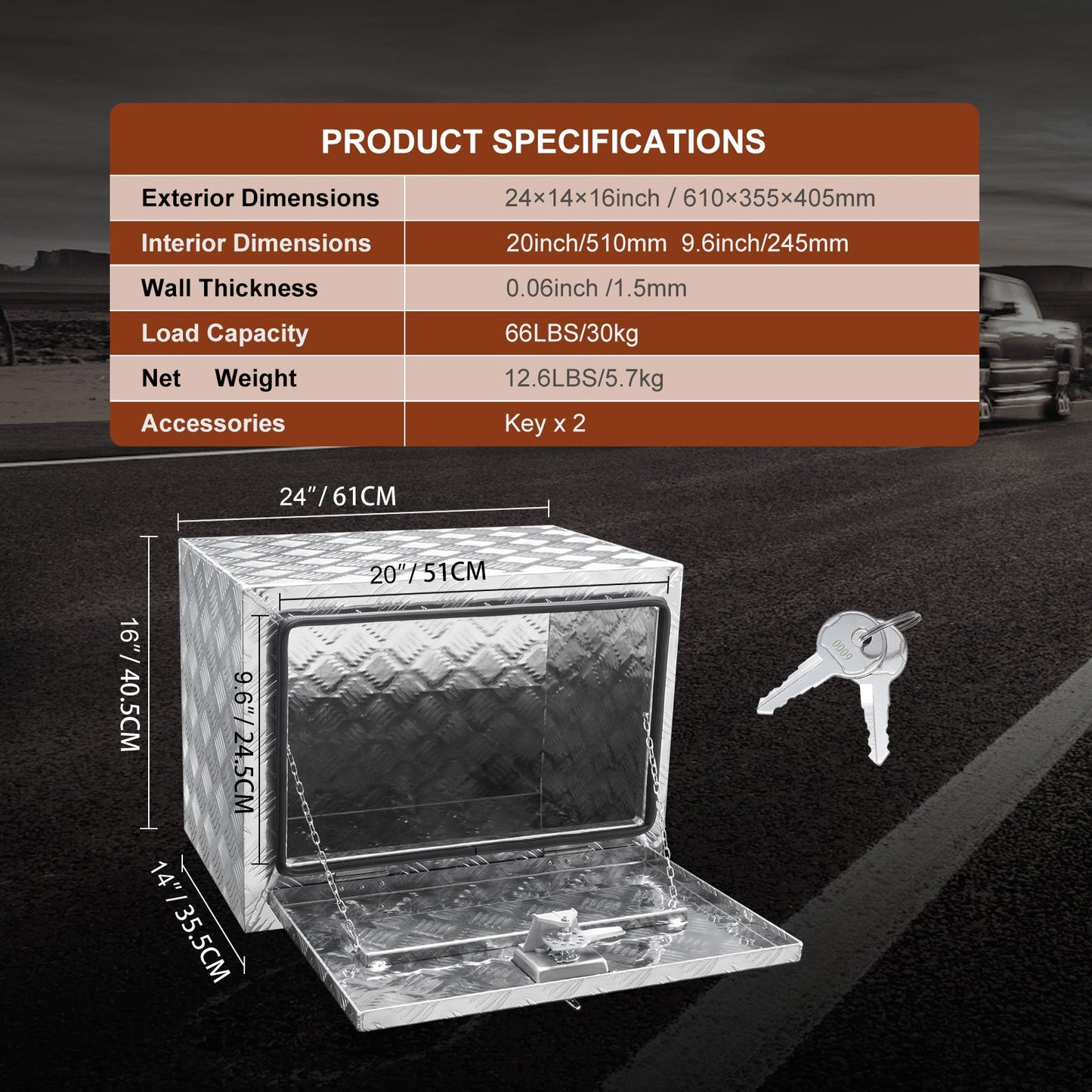 Unterwagen-LKW-Box, 24" x 14" x 16" Pickup-Aufbewahrungsbox, robuster Werkzeugkasten aus Aluminium mit Diamantplatte und Schloss und Schlüssel, wasserdichte Anhänger-Aufbewahrungsbox mit T-Griff-Verriegelung für LKW, Transporter, Anhänger