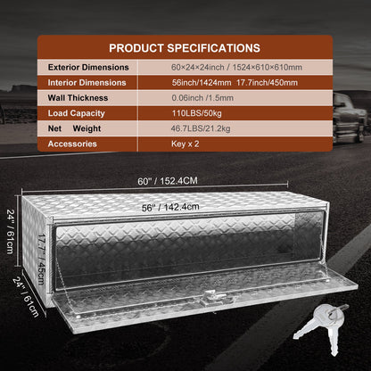 Unterwagen-LKW-Box, 60" x 24" x 24" Pickup-Aufbewahrungsbox, robuster Werkzeugkasten aus Aluminium mit Diamantplatte und Schloss und Schlüssel, wasserdichte Anhänger-Aufbewahrungsbox mit T-Griff-Verriegelung für LKW, Transporter, Anhänger