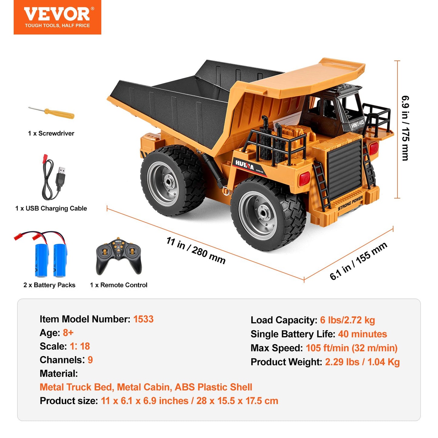 RC Fjärrkontroll Dumper Leksak Konstruktion Fordon Leksak 9CH 1:18 Skala