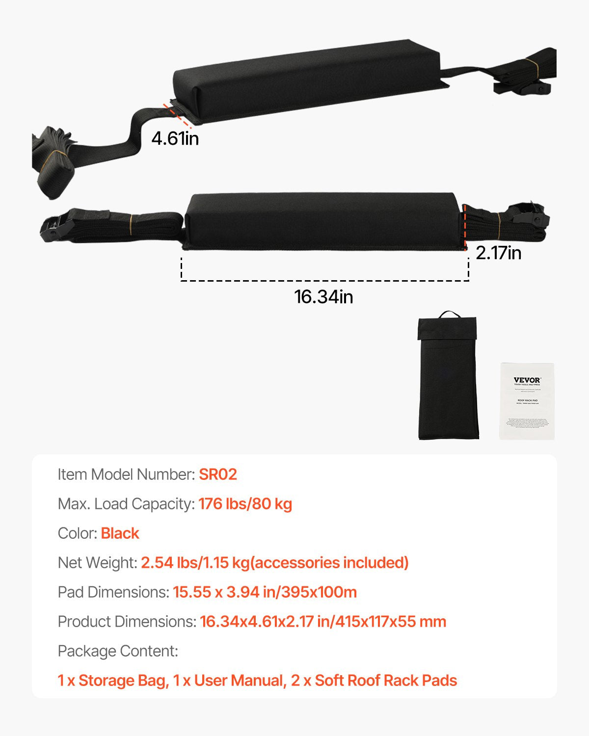 Soft Roof Rack Pads 15.5 Inch 176lbs Load Capacity for Kayak Surfboard