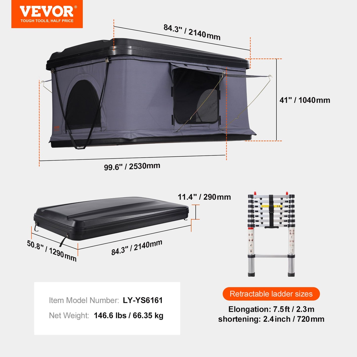 Rooftop tent hard shell 2-3 people waterproof for jeep SUV truck with ladder