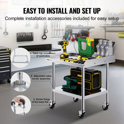 Stainless Steel Work Table 24"x28" Commercial Dining Table with 4 Wheels