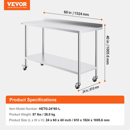 Stainless Steel Work Table Commercial Dining Table 24"x60" with Wheels