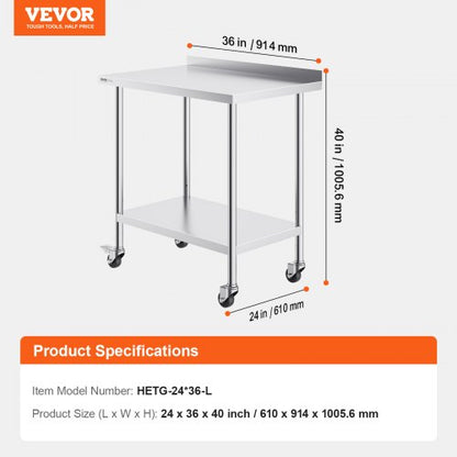 Stainless Steel Work Table Commercial Food Prep Table 24"x36" with Wheels | EU