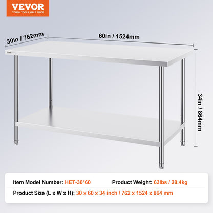 Arbeitsvorbereitungstisch aus Edelstahl, gewerblicher Arbeitstisch, Lebensmittelzubereitung, 30 x 60 x 34 Zoll