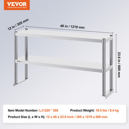 Dubbel överhylla i rostfritt stål 2-vånings 12"x48" för förberedande bord