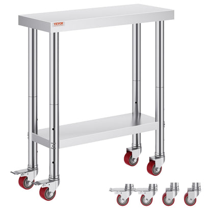 Rostfritt stål Catering Arbetsbord 30x12 tum Kommersiellt köksbord med 4 hjul Kommersiell matberedningsarbetsbänk med flexibel justering Hylla för köksbord