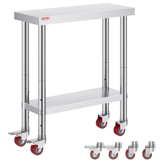 Rostfritt stål Catering Arbetsbord 30x12 tum Kommersiellt köksbord med 4 hjul Kommersiell matberedningsarbetsbänk med flexibel justering Hylla för köksbord