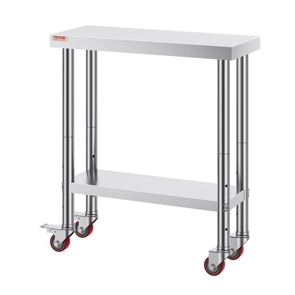 Rostfritt stål Catering Arbetsbord 30x12 tum Kommersiellt köksbord med 4 hjul Kommersiell matberedningsarbetsbänk med flexibel justering Hylla för köksbord