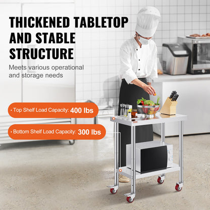 Rostfritt Stål Catering Arbetsbord 30x18 tum Kommersiellt köksbord med 4 hjul Kommersiell matförberedande arbetsbänk med flexibel justering Hylla för köksförberedande bord