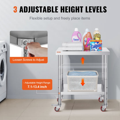 Rostfritt Stål Catering Arbetsbord 30x18 tum Kommersiellt köksbord med 4 hjul Kommersiell matförberedande arbetsbänk med flexibel justering Hylla för köksförberedande bord