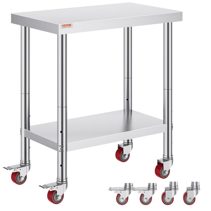 Rostfritt Stål Catering Arbetsbord 30x18 tum Kommersiellt köksbord med 4 hjul Kommersiell matförberedande arbetsbänk med flexibel justering Hylla för köksförberedande bord