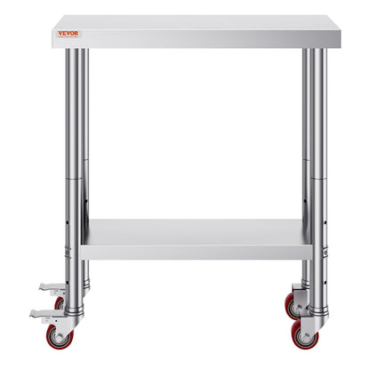 Rostfritt Stål Catering Arbetsbord 30x18 tum Kommersiellt köksbord med 4 hjul Kommersiell matförberedande arbetsbänk med flexibel justering Hylla för köksförberedande bord