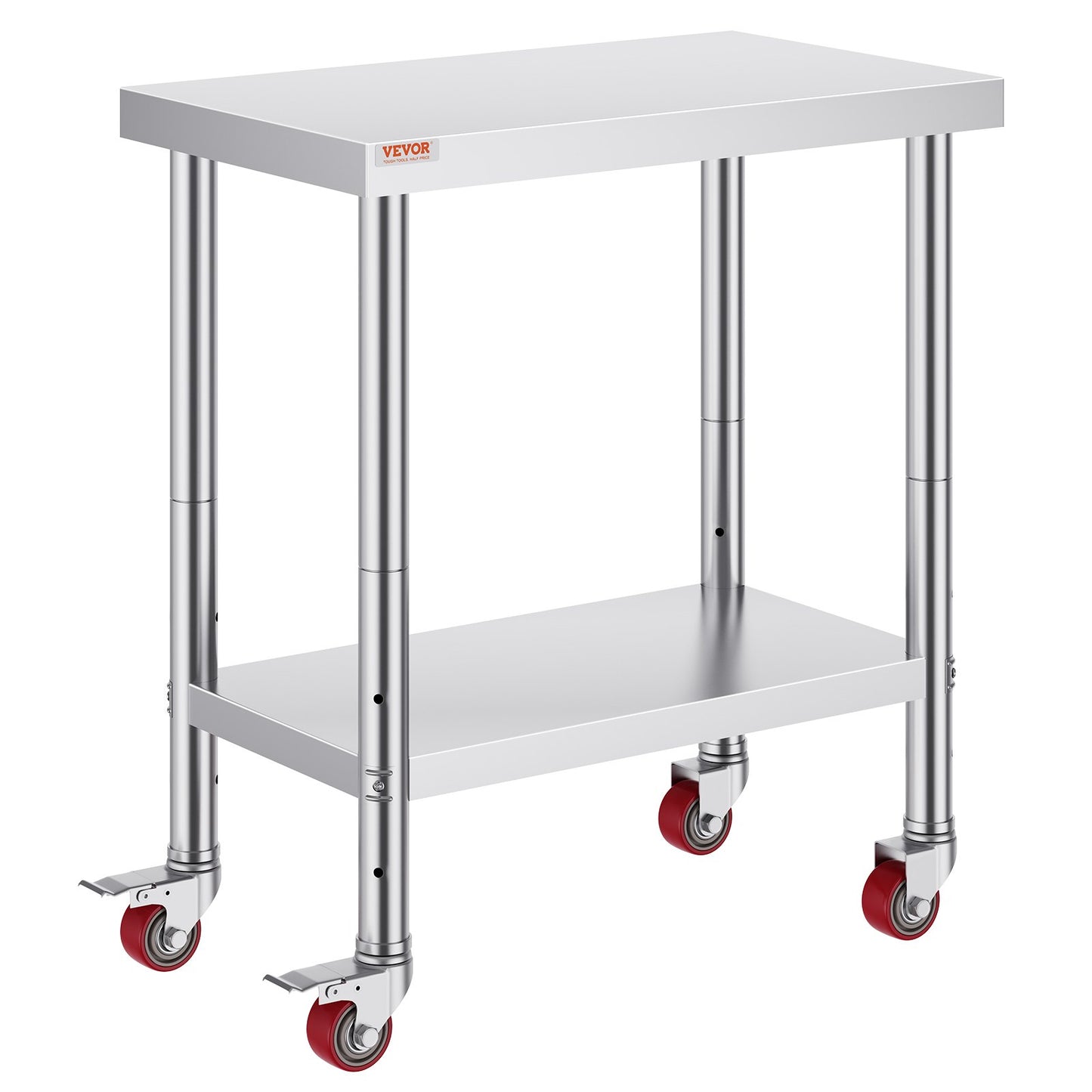 Rostfritt Stål Catering Arbetsbord 30x18 tum Kommersiellt köksbord med 4 hjul Kommersiell matförberedande arbetsbänk med flexibel justering Hylla för köksförberedande bord