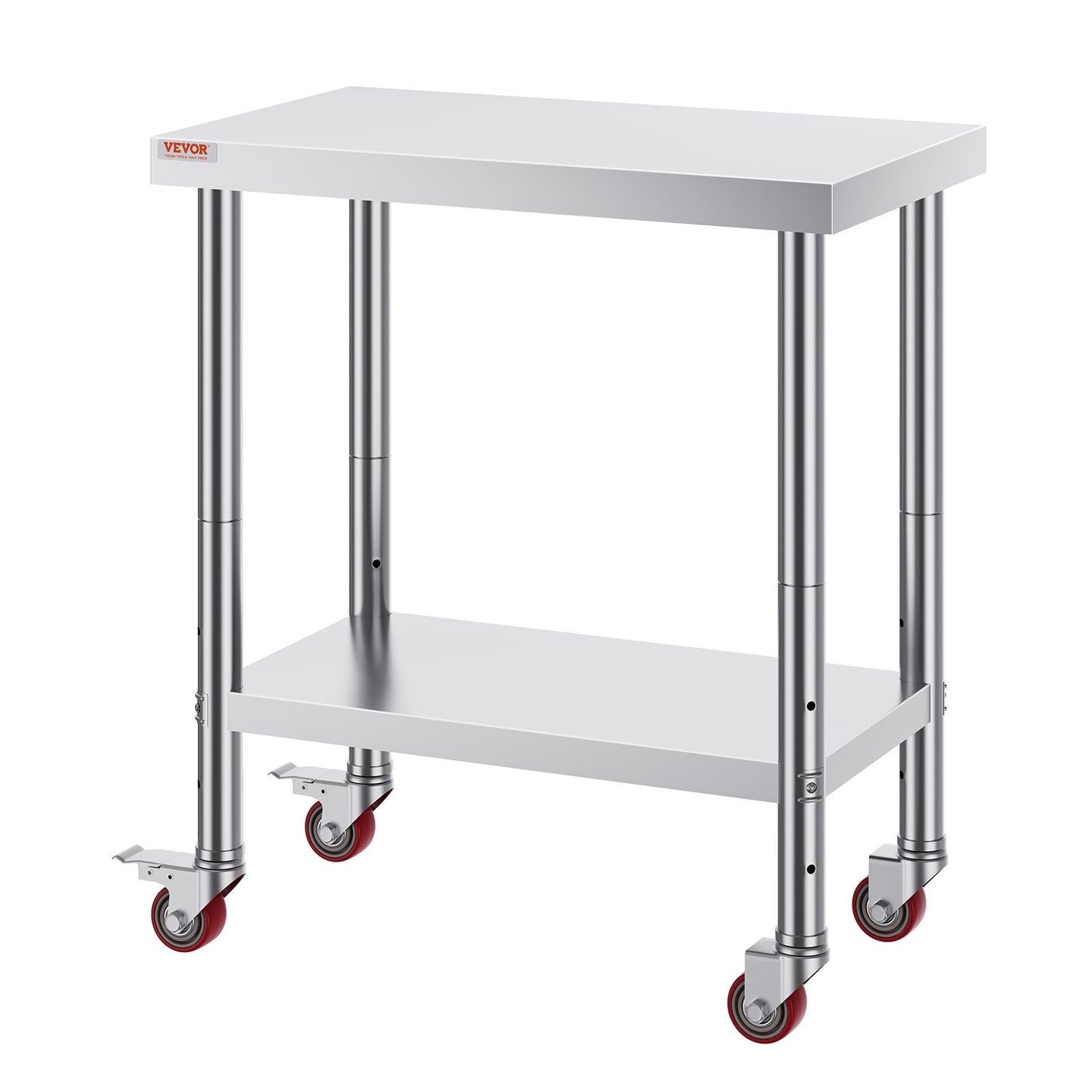 Rostfritt Stål Catering Arbetsbord 30x18 tum Kommersiellt köksbord med 4 hjul Kommersiell matförberedande arbetsbänk med flexibel justering Hylla för köksförberedande bord