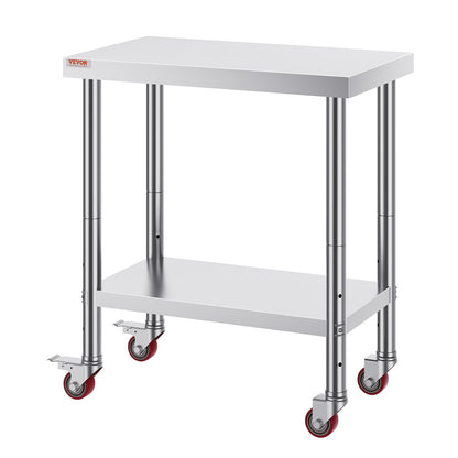 Rostfritt Stål Catering Arbetsbord 30x18 tum Kommersiellt köksbord med 4 hjul Kommersiell matförberedande arbetsbänk med flexibel justering Hylla för köksförberedande bord