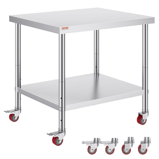 Rostfritt Stål Catering Arbetsbord 30x36 tum Kommersiellt köksbord med 4 hjul Kommersiell matförberedande arbetsbänk med flexibel justering Hylla för köksförberedande bord