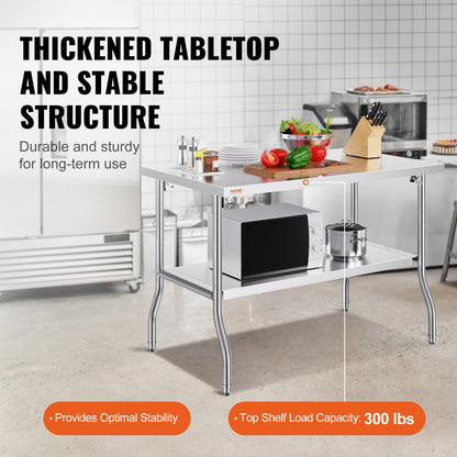 Commercial Work Table Workstation 48x30 Inch Foldable Commercial Prep Table, Double Shelf Stainless Steel Folding Table, Kitchen Work Table with 772 lbs Load Silver Stainless Steel Kitchen Island