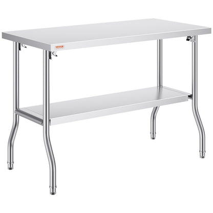 Kommerzieller Arbeitstisch, Arbeitsstation, 48 x 24 Zoll, klappbarer kommerzieller Vorbereitungstisch, robuster, klappbarer Edelstahl mit 772 lbs Tragkraft, Küchenarbeitstisch, silberne Kücheninsel aus Edelstahl