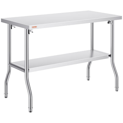 Kommerzieller Arbeitstisch, Arbeitsstation, 48 x 24 Zoll, klappbarer kommerzieller Vorbereitungstisch, robuster, klappbarer Edelstahl mit 772 lbs Tragkraft, Küchenarbeitstisch, silberne Kücheninsel aus Edelstahl