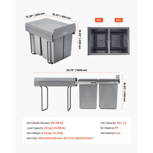 Double 20Lx2 Pull Out Waste Bin Under Cabinet Kitchen Waste Bin | EU