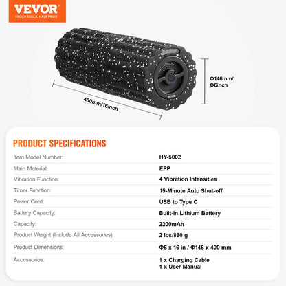 Vibrating Foam Roller 4 Intensities Rechargeable Electric EPP Foam Roller