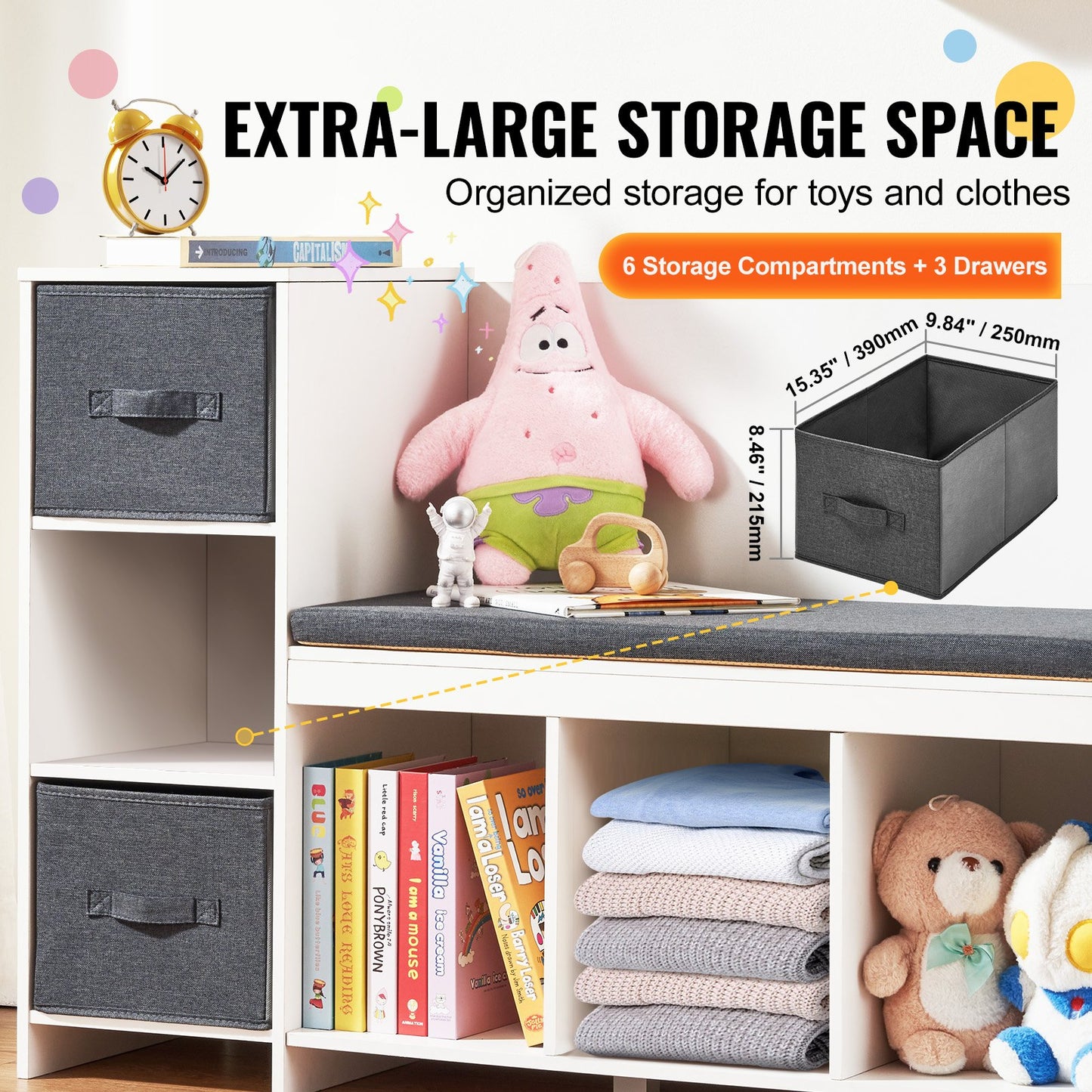 Kids läshörna bänk 6-Cubby förvaringsbokhylla med sittdyna vit