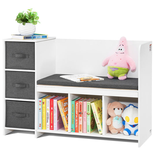 Kids läshörna bänk 6-Cubby förvaringsbokhylla med sittdyna vit