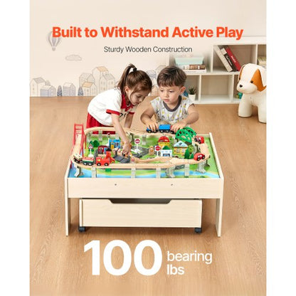 Tågbord 100 st Träaktivitetsbord för Barn med Rullande Förvaringslåda