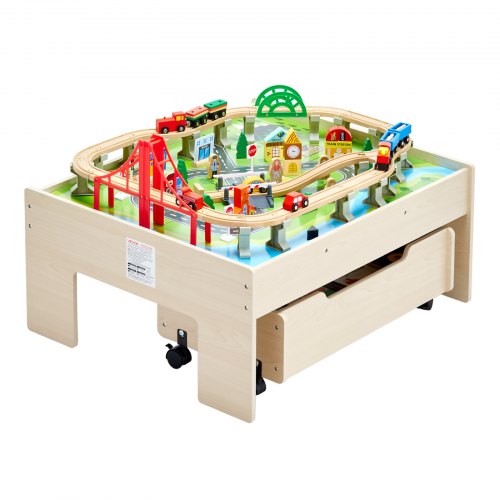 Tågbord 100 st Träaktivitetsbord för Barn med Rullande Förvaringslåda