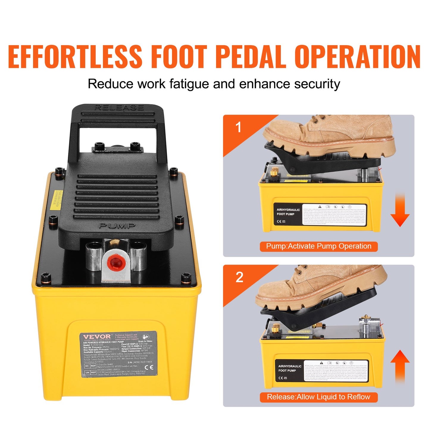 Air Hydraulic Pump 10000 PSI, 1.6L Oil Tank, 340L/min Air Flow, Npt 3/8" Oil Outlet, Npt 1/4" Inlet, Air Powered Foot Pump with 6.56ft / 2m Oil Hose for Auto Repair Frame Machine and Hydraulic Press