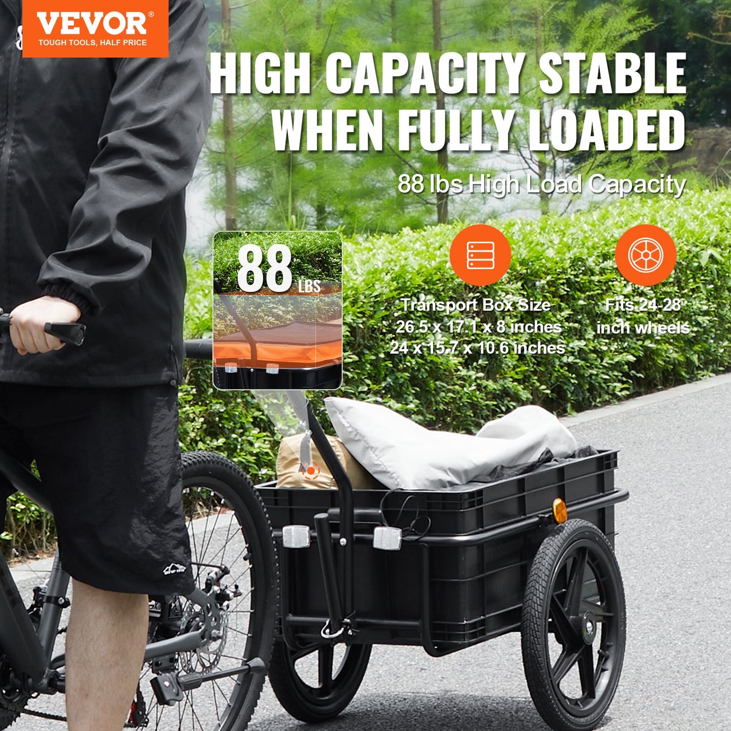 Bike Cargo Trailer, 88 lbs lastkapacitet, tung cykelvagn, hopfällbar kompakt förvaring med universalkoppling, vattentätt skydd, 16" hjul, säkra reflektorer, passar 24"-28" cykelhjul