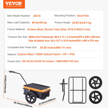 Bike Cargo Trailer, 88 lbs lastkapacitet, tung cykelvagn, hopfällbar kompakt förvaring med universalkoppling, vattentätt skydd, 16" hjul, säkra reflektorer, passar 24"-28" cykelhjul