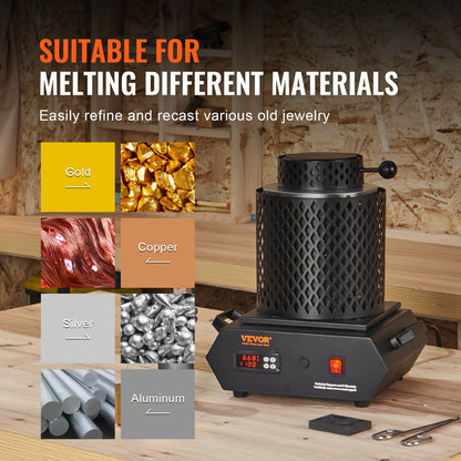 Guldsmältugn, 1350W elektrisk digital smältugn, 2102℉/1150℃ elektrisk smältugn med 1 kg och 3 kg grafitdeglar för smältning av guld, silver, koppar, aluminium