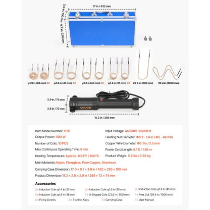 Induktionsvärmare Bultborttagning, 1100W 230V Magnetisk Induktionsvärmare Kit, Handhållet Mutterbrytare, Mini Värmemaskin för att Borttagning av Rostiga Skruvar, Bilgarage Reparationsverktyg med 10 Spolar och Ask |  EU