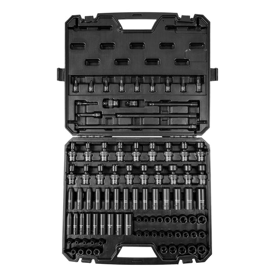 3/8" Drive Impact Socket Set, 90 delars Socket Set SAE 1/4"-3/4" och metriskt 6-19 mm, 6-punkts Cr-Mo legerat stål för bilreparation, inkluderar förlängningsstänger Universalskarvadapter Lås förvaringsväska