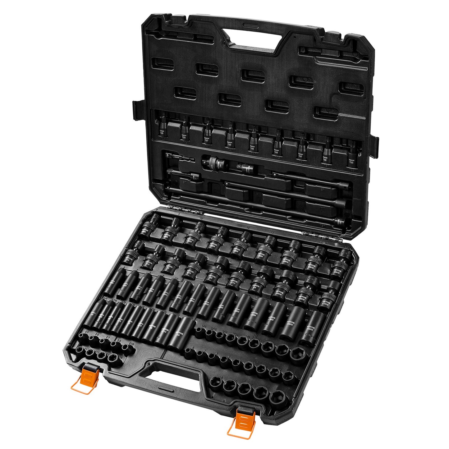 3/8-Zoll-Schlagsteckschlüsselsatz, 90-teiliger Steckschlüsselsatz SAE 1/4"-3/4" und metrisch 6-19 mm, 6-Punkt-Cr-Mo-Legierungsstahl für Autoreparatur, inkl. Verlängerungsstangen, Universalgelenkadapter, Schloss, Aufbewahrungskoffer