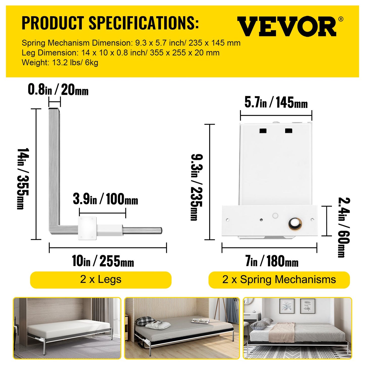 Murphy Assembly Wall Springs Mechanism Heavy Duty Support Hardware DIY Kit for Queen Twin Size Bed (Horizontal), White